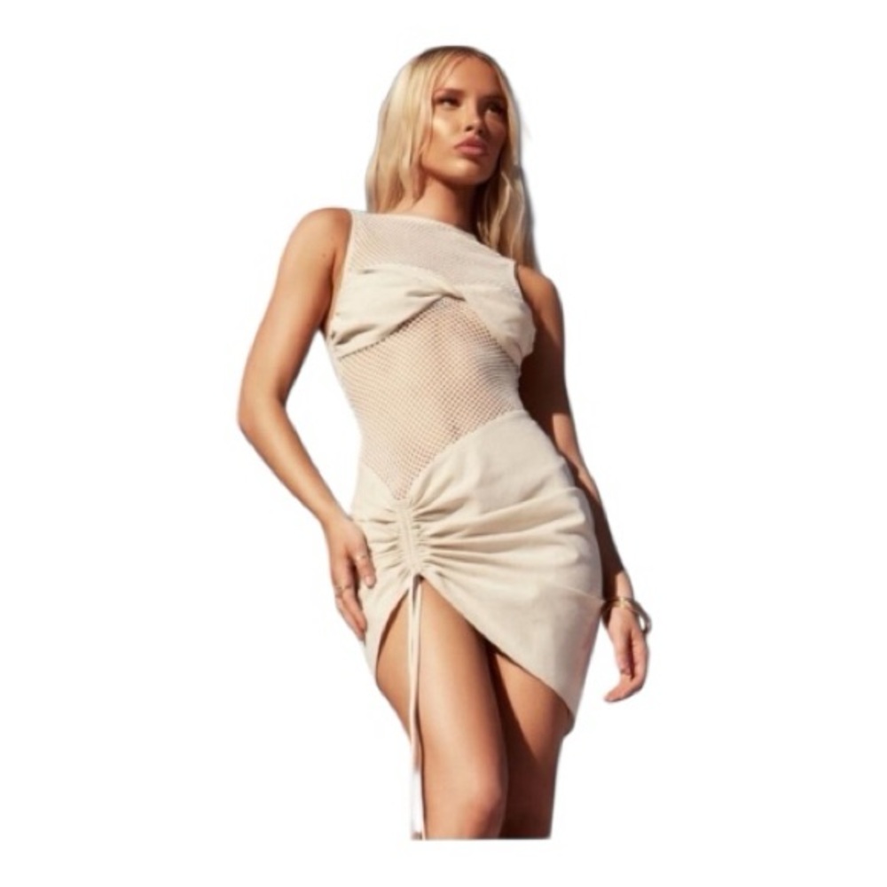 PrettyLittleThing Mini Dress Sheer Crochet Ruched Bodycon Cream US 4 NWT